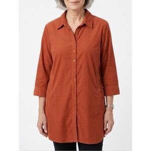 EILEEN FISHER Large Terracotta Cotton 3/4 Sleeve Button Up Lagenlook Tunic Top